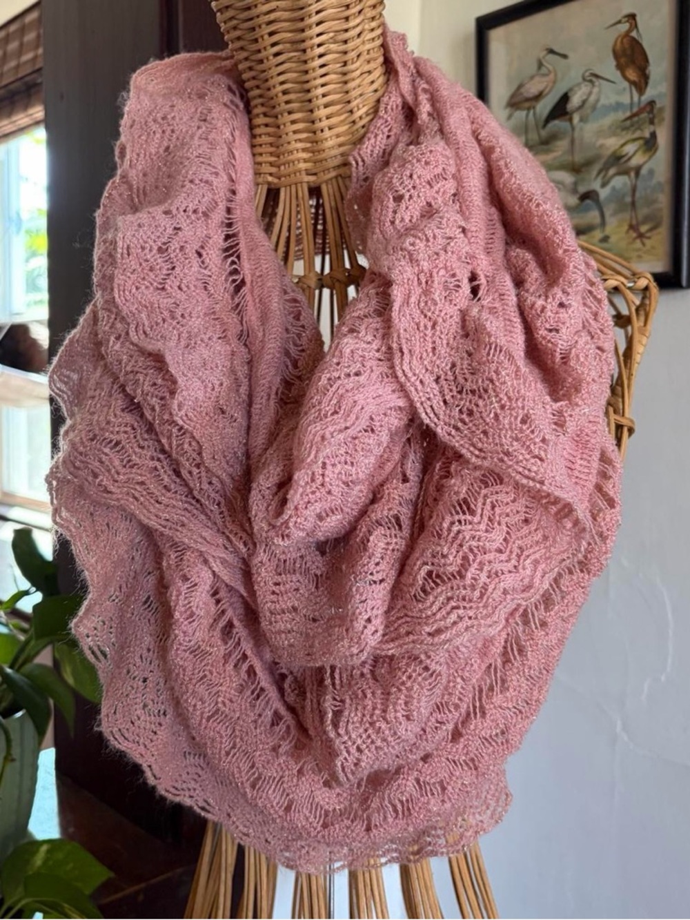 Vintage y2k Pink and Gold Knit Ruffle Infinity Scarf